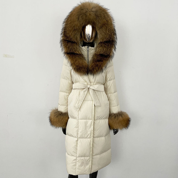 Color: Beige Raccoon Fur, Size: L - Thickened Long Section White Goose Down Slim Fit Women's Coat Q119-CJYD245180458FU