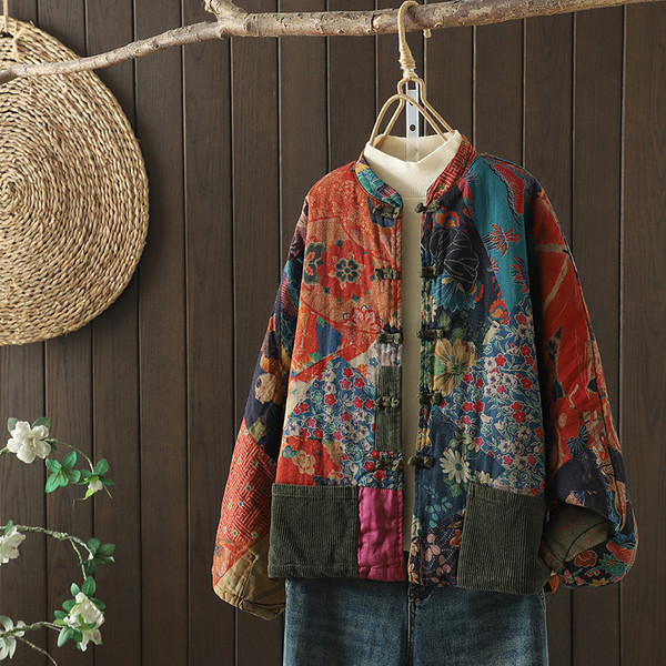 Retro Printed Coat For Women Autumn And Winter Artistic Cotton Cardigan Q119-CJJK2539063