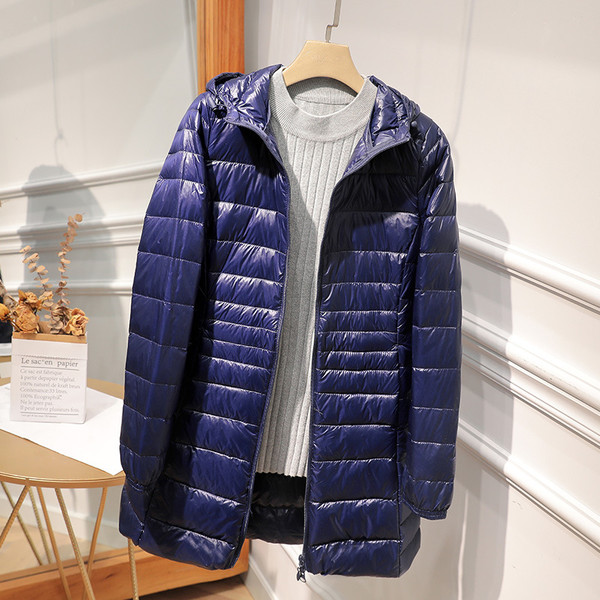 Color: Navy Blue, Size: M - Down Jacket Women's Mid-length Hooded Slim Fit Light Coat Q119-CJYD246743873UF