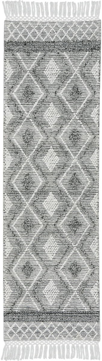 8' Gray and Ivory Geometric Hand Woven Runner Rug With Fringe N270-533378