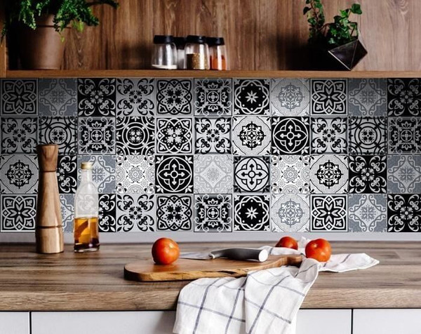 4" X 4" Black White and Gray Mosaic Peel and Stick Tiles N270-399870