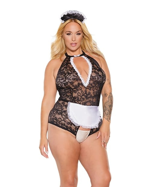 Scallop Stretch Lace Crotchless Maid Teddy w/Headpiece Black/White OS/XL X615-C23167-BW-X0