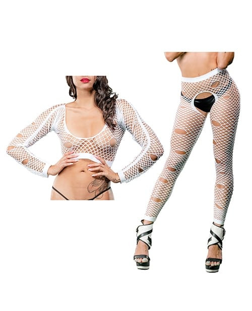 Beverly Hills Naughty Girl Crotchless Mixed Hole Leggings White O/S X615-BH69578SD-WH-OS