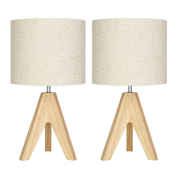 Set of 2 - Solid Wood Tripod Table Lamp with Beige Linen Drum Shade Q280-MISWA994942