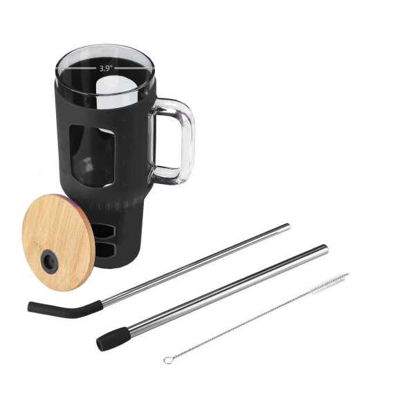 Color: BLACK - Sip Easy Time-Marked Glass Tumblers with Silicone Sleeves and Bamboo Lids K290-52716546720017