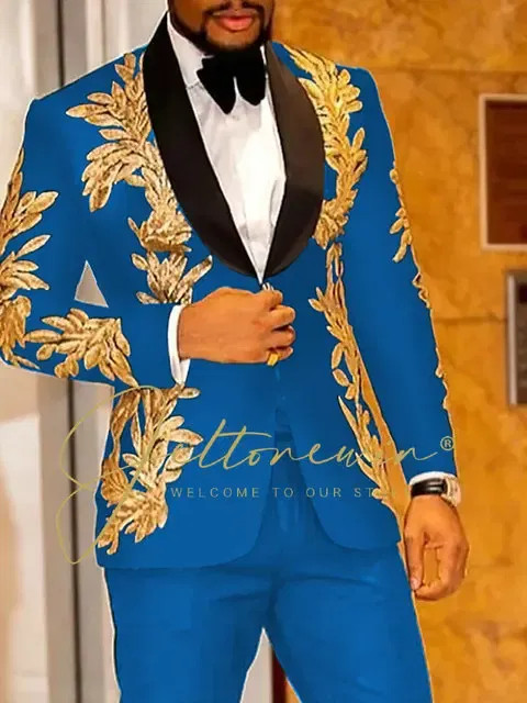 Color: Blue, Size: XS - Luxury Groom Wedding Tuxedos Gold Sequins Appliques Black Men Suits Slim Fi F640-12000044577113791