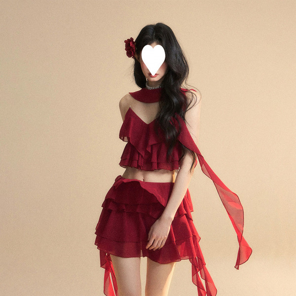 Color: Red Suspender Top, Size: S - Sling Top Skirt Two-piece Set Elegant Seaside Q119-CJLS247793201AZ
