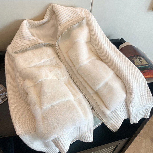 White Knitted Patchwork Mink-fur Cotton Coat Q119-CJJK2636244
