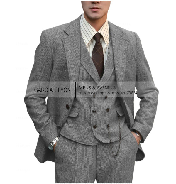Color: Khaki, Size: XL - Tweed Herringbone 3 Pieces Herringbone Men's Business Suits Single Breaste F640-12000034820820685