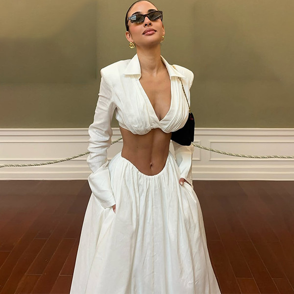 Solid-color Long-sleeve Backless Top And Bodycon Maxi Skirt Set Q119-CJLS2714437