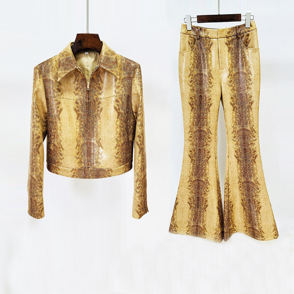 Color: Suit Jacket Pants, Size: M - Fashion Snake-print Leather Jacket Coat Flared Pants Q119-CJLS260645712LO