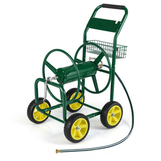 Garden Hose Reel Cart Metal Hose Cart with 4 Wheels and Storage Basket-Green B593-GT4364