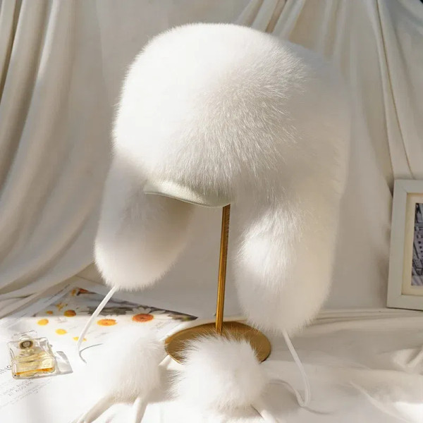 Color: PURPLE, Hat Size: 54 - 2025 Winter 100% Real Silver Fox Fur Bomber Hat Raccoon Fur Ushanka C F640-12000049907621651
