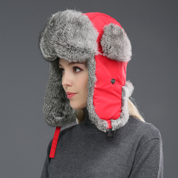 Color: Bright Red, Size: 60 to 62 CM - Rabbit Fur Unisex Thickened Warm Ear Protection Cold-proof O Q119-CJBQ253316413MN