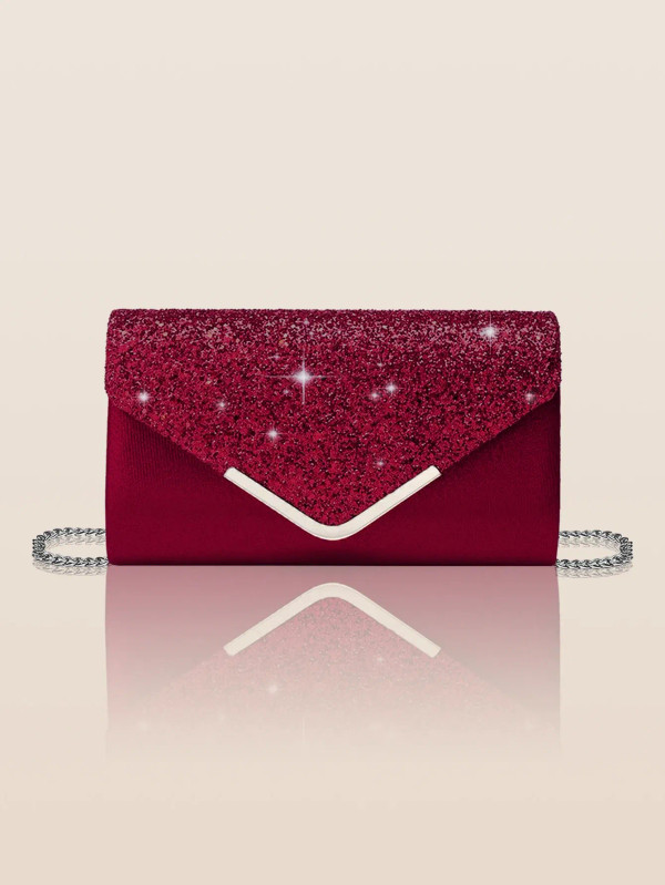 Color: Burgundy - Glitter Bling,Shiny Elegant And Fashionable Envelope Clutch Bag, Party Wedding Ha F640-12000043773747347