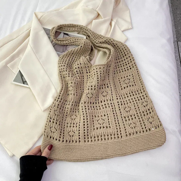 Color: Blue - Simple Crochet Tote Bags Fashion Hollow Knitted Women's Bags Casual Female Shoulder B F640-12000040556394350