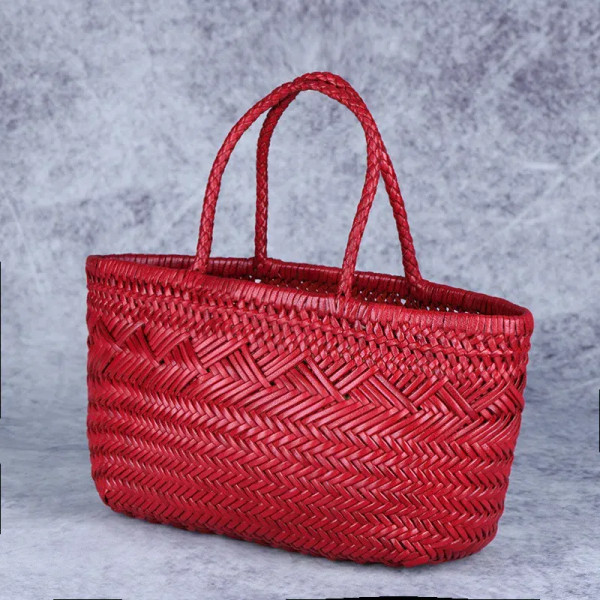 Color: Chocolate - Designer woven totes bag women genuine leather cowskin knitting basket handbag f F640-12000022445439377