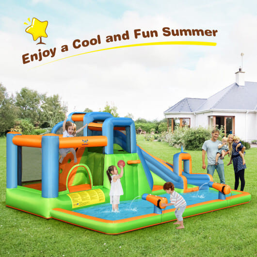 7-in-1 Inflatable Giant Water Park Bouncer with Dual Climbing Walls and 735W Blower B593-NP10366US