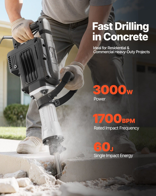 Demolition Jack Hammer, 3000 W Powerful Electric Jackhammer, 1700 BPM Concrete Breaker with a Point E415-DXDHCS118YC1ROIPW001V1