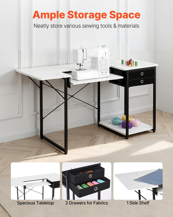 Sewing Table, Multipurpose Sewing Machine Table with Drawers, Foldable Side Shelf, Adjustable Shelf E415-FRZJYXXKZDHSQSZHC001V0