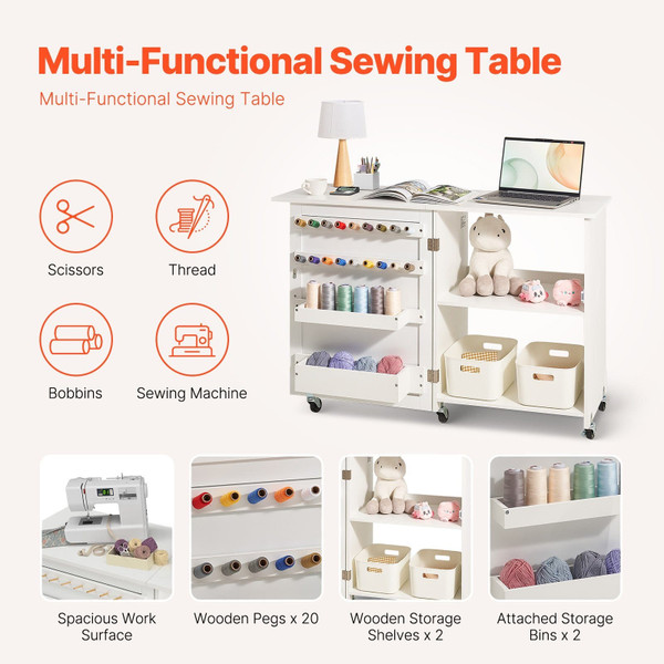 Folding Sewing Table, Multipurpose Sewing Machine Table with Compact Design, Wheels, Shelves, Stora E415-FRZJYXXKZDBHL2LV9V0