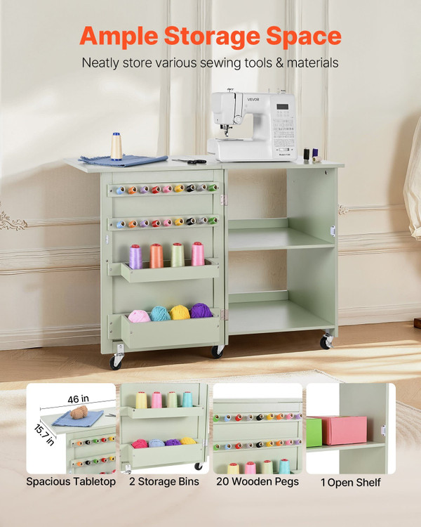 Folding Sewing Table, Multipurpose Sewing Machine Table with Compact Design, Wheels, Wooden Pegs, S E415-FRZJYXXKZDBHMMZ91001V0