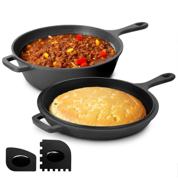 MegaChef 10.5 Inch 2-in-1 Pre-Seasoned Cast Iron Skillet and Fry Pan Set D970-MCCI-71001