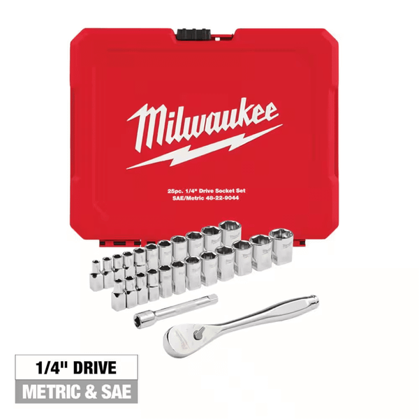 Milwaukee Tool 25pc 1/4" Drive Metric & SAE Ratchet and Socket Set with FOUR FLAT SIDES T398-MLW48-22-9044