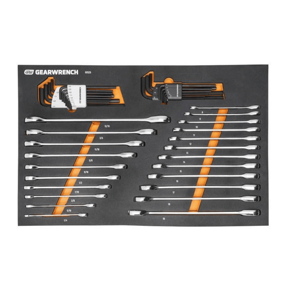GearWrench 44 Piece 90T SAE/Metric Combination Ratcheting Wrench & Long Arm Hex Key Set with Foam S T398-KDT86528