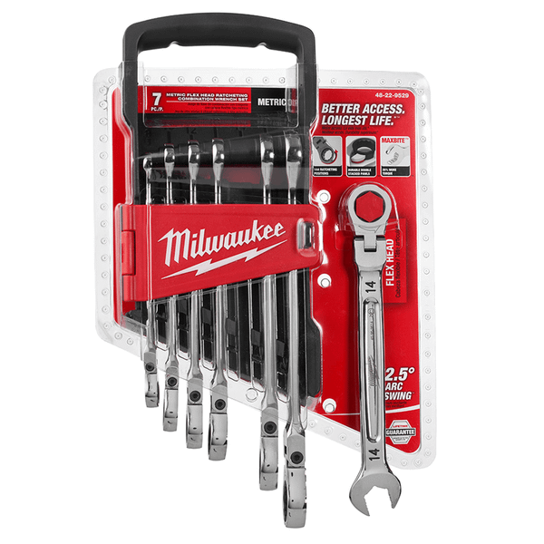 Milwaukee Tool 7pc Metric Flex Head Ratcheting Combination Wrench T398-MLW48-22-9529