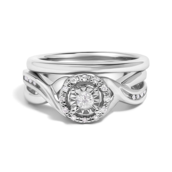.925 Sterling Silver 1/7 Cttw Diamond Halo Bypass Engagement Ring and Wedding Band Set (I-J Color,  N162-022231R800