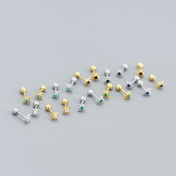 Mini CZ Eight Pointed Star Screw 925 Sterling Silver Stud Earrings R866-MLYH_682959018007