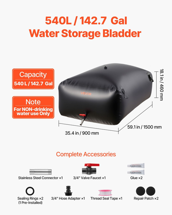 Water Storage Bladder 142.7 Gallon Large Capacity Water Bag, Portable & Collapsible Soft Waters Con E415-CSDHSPVC540L2ZFQH001V0