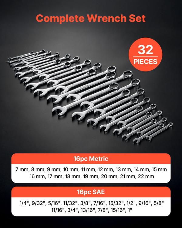 Combination Wrench Set, 32-Piece SAE and Metric, 12-Point Box End and 15?° Angled Open End Combinat E415-ZXBSTZGDS32PGEH4G001V0