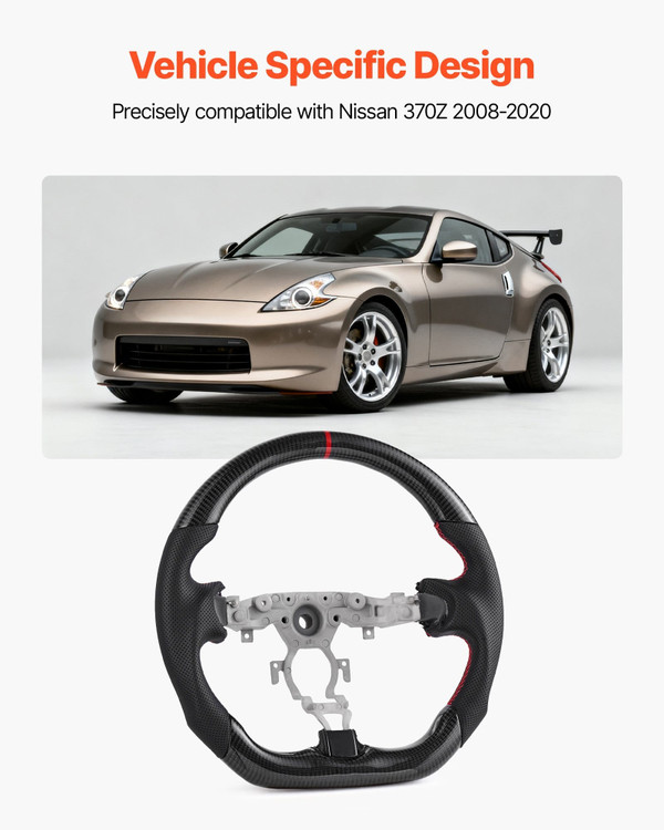 Steering Wheel for 2008-2020 Nissan 370Z, Carbon Fiber Steering Wheel D-Shaped Flat-Bottom, Leather E415-QCFXPZYRC370A9NI5001V0