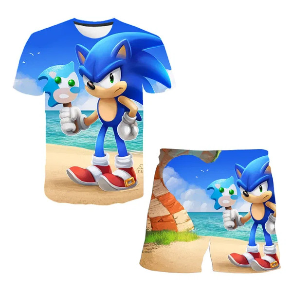 Color: MULTI, Size: 40cm - New Japanese cartoon Sonic T-shirt children's top T-shirt shorts two-pie F640-12000044260152732