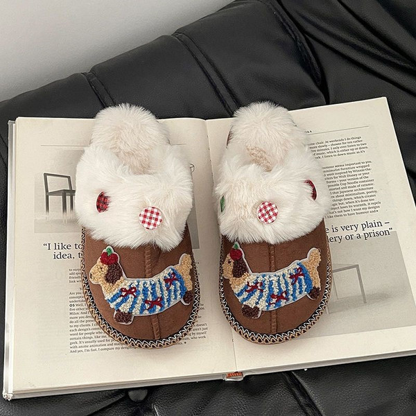 Color: Brown, Size: 36to37 - Cute Cartoon Sausage Dog Fluffy Shoes Female Q119-CJNS254622410JQ