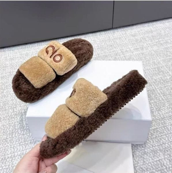 Color: khaki - Size: US 7 = EUR 38 - Luxury Fur Slides Designer men women Slippers Ladies Wool Wint Y829-1441120710897881170