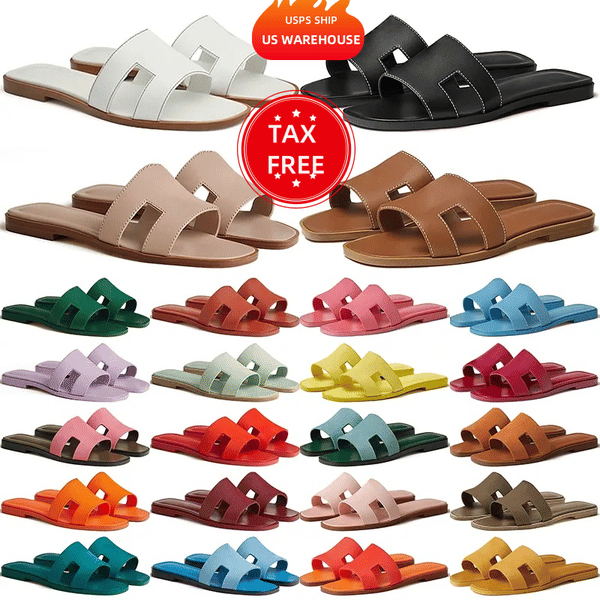 Color: Grey - Size: Us 4.5=eur 35 - With Box Designer Slippers Slides Classic Flat Leather Slipper  Y829-1287955047753490444