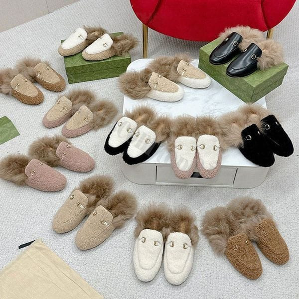Color: Black - Size: Eur 35 - Women Fur Slippers Bee Loafers fluffy furry warm letters sandals Leat Y829-1315431506264489993