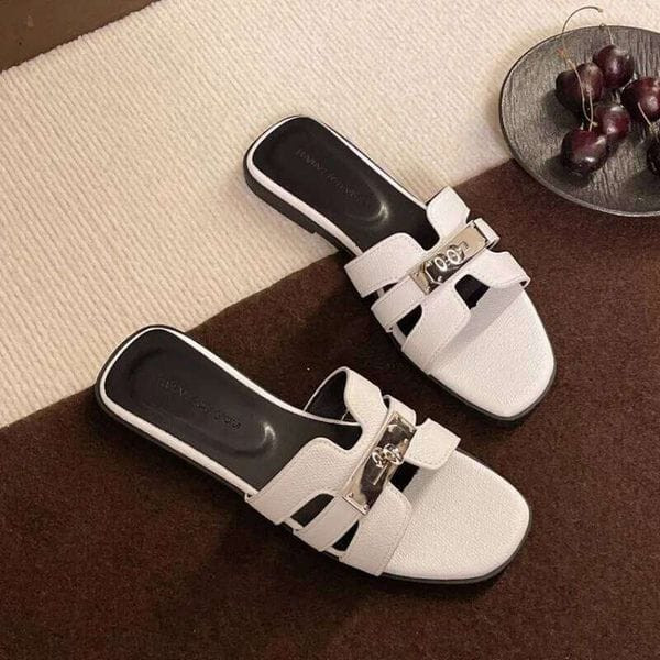 Color: White - Size: #40 - Women's Flat Shoes Barefoot Outside Woman Pu Cross Belt Slippers Women M Y829-1408488465571242043