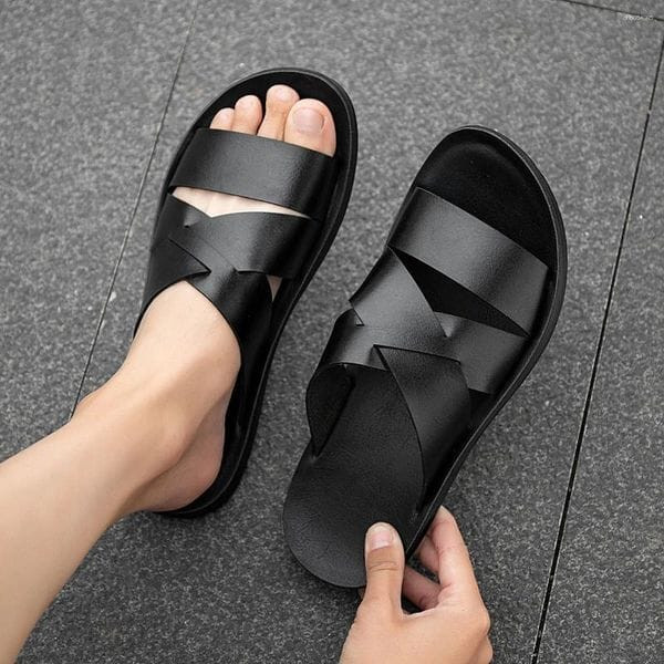 Color: Black - Size: A43 - Slippers Men's Summer Fashion Sandals Luxury Leather Shoes Flats Outdoor Y829-1319577364541472795