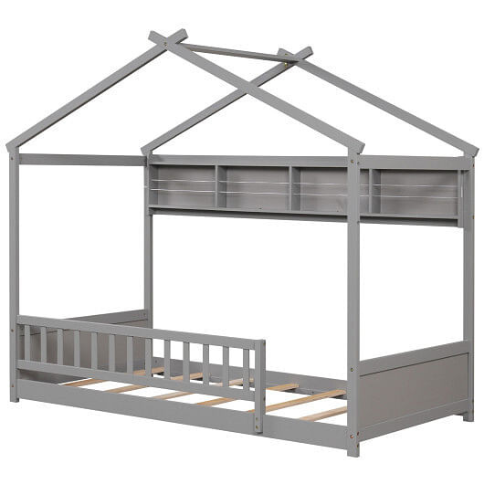 Twin Size House Bed with Storage Shelf and Headboard-Gray B593-HU11009