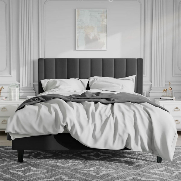 Queen size Black Velvet Upholstered Platform Bed Frame with Headboard Q280-QBLAV1935724