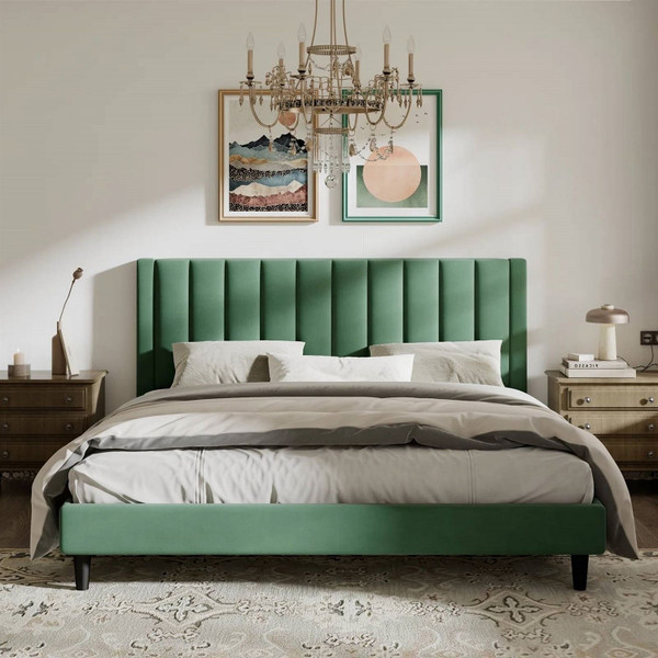 King size Green Velvet Upholstered Platform Bed Frame with Headboard Q280-KNGRAVWB2439245
