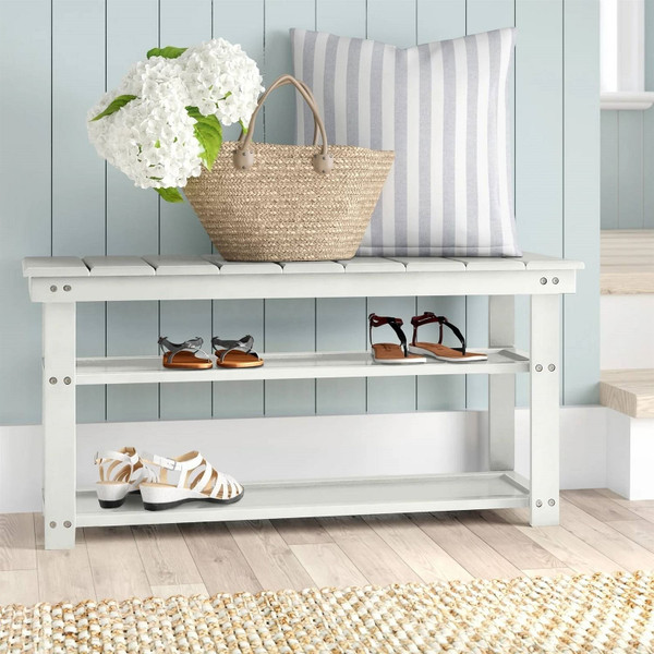 White Slatted Wood 2-Shelf Shoe Rack Storage Bench For Entryway or Closet Q280-FSRBWH11399547