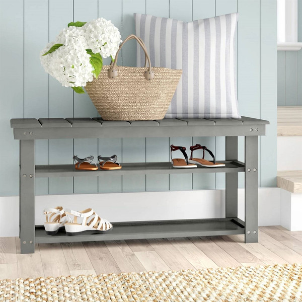 Grey Wood 2-Shelf Shoe Rack Storage Bench For Entryway or Closet Q280-GFSBHW10493571