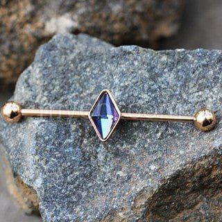 Rose Gold Plated Rhombus Shape CZ Industrial Barbell T575-S0671357028