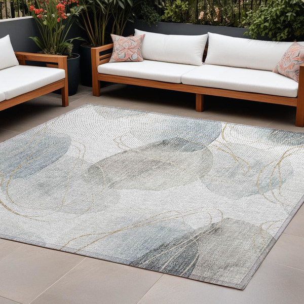8' X 10' Ivory Blue and Gray Abstract Washable Non Skid Indoor Outdoor Area Rug N270-562116