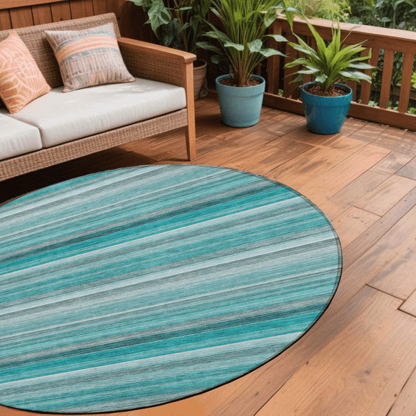 8' Round Teal Round Striped Washable Non Skid Indoor Outdoor Area Rug N270-561543